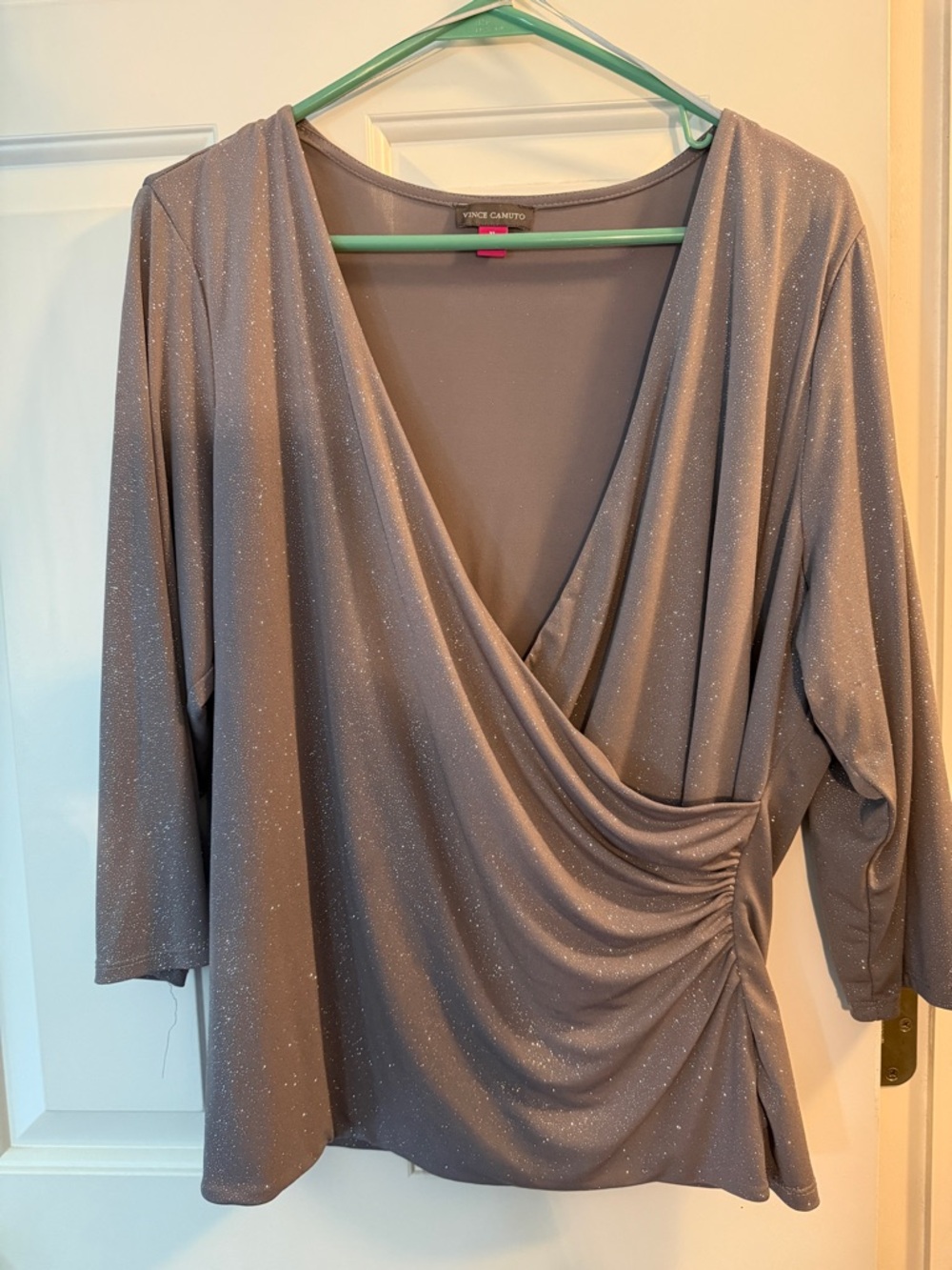 Vince Camuto Taupe Sparkle Draped Wrap Blouse